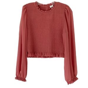 NWT WILFRED Top XL Red-Pink Chiffon Ruffle Smocked Puff-Sheer-Ballon-Long-Sleeve